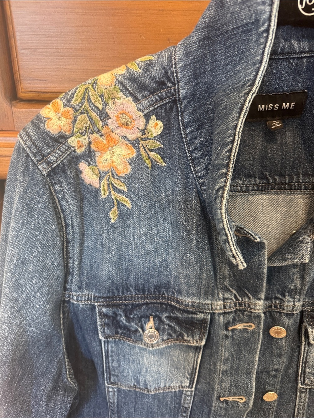 NEVER WORN..Miss Me Blue Denim Jacket with Yellow & Peach Floral Embroidery - Picture 3 of 8